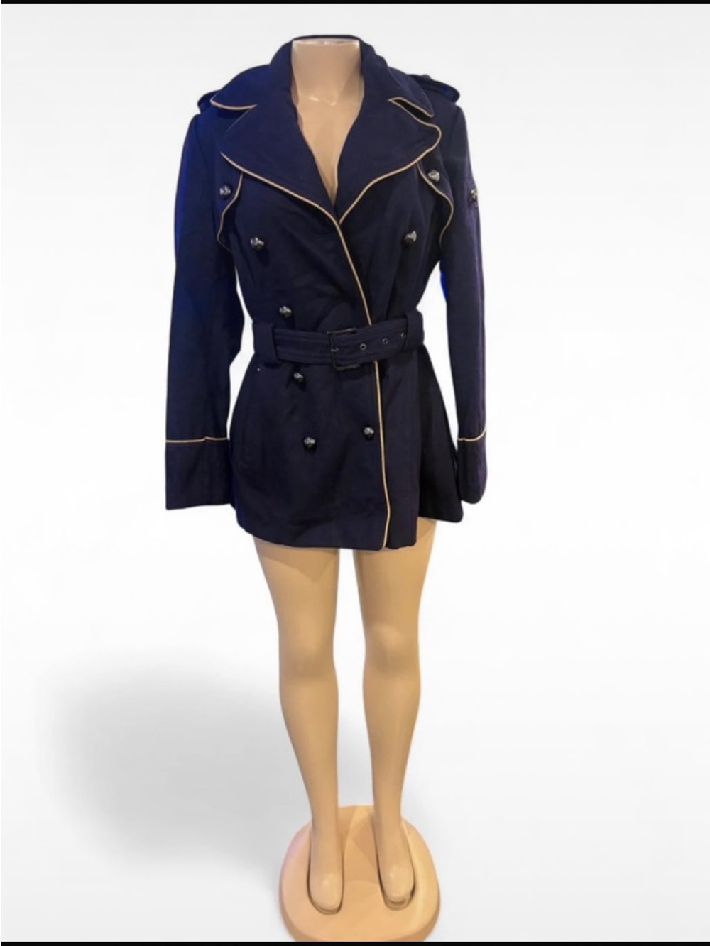 Miss Sixty Navy Trench Coat with Cream Contrast Piping